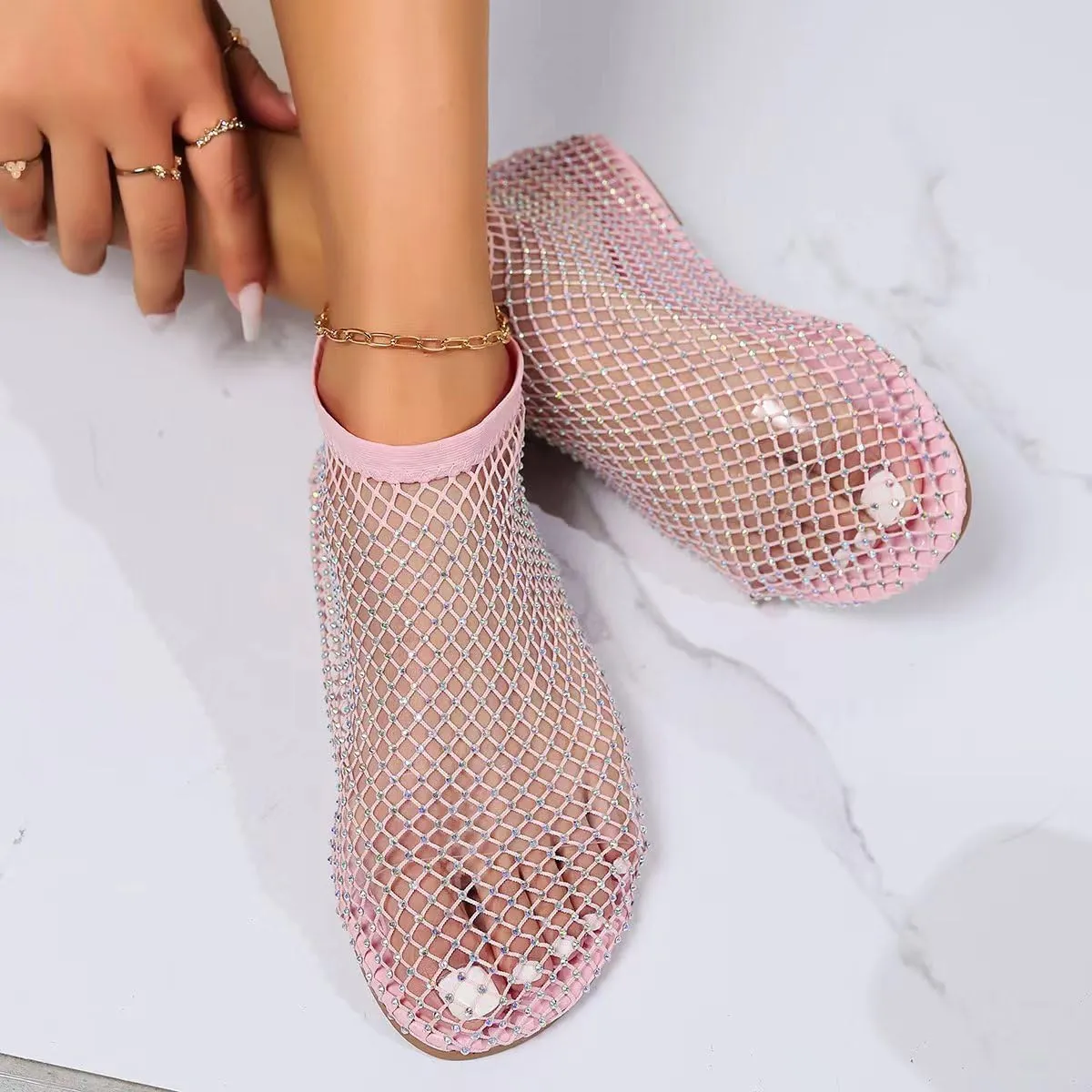 Mesh Ballet Flats for Women, Ultra Comfortable Shiny Gem Mesh Flats, Glittery Stretchy Net Shoes for Women