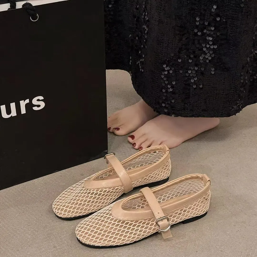 Mesh Ballet Flats Shoes for Women Buckle Strap Mary Jane Flats