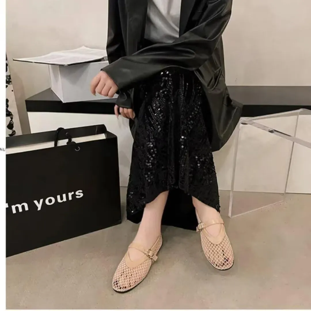 Mesh Ballet Flats Shoes for Women Buckle Strap Mary Jane Flats