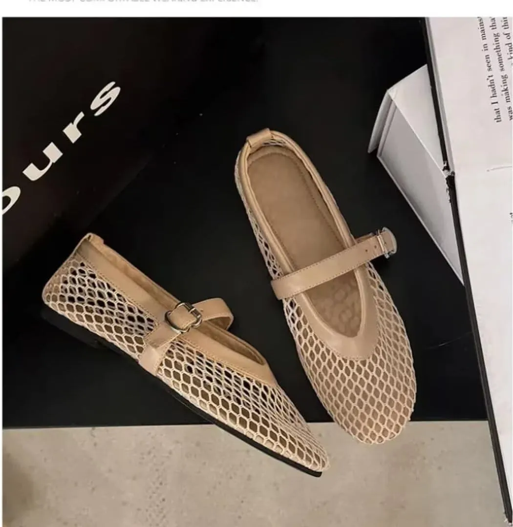 Mesh Ballet Flats Shoes for Women Buckle Strap Mary Jane Flats