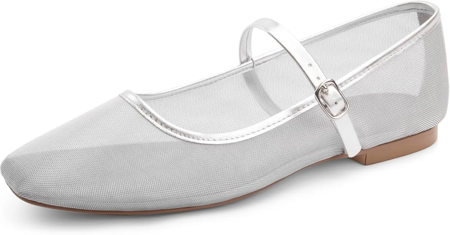 Mesh Ballet Flats Square Toe Mary Jane Flats Buckle Women Comfy Causal Dress Shoes