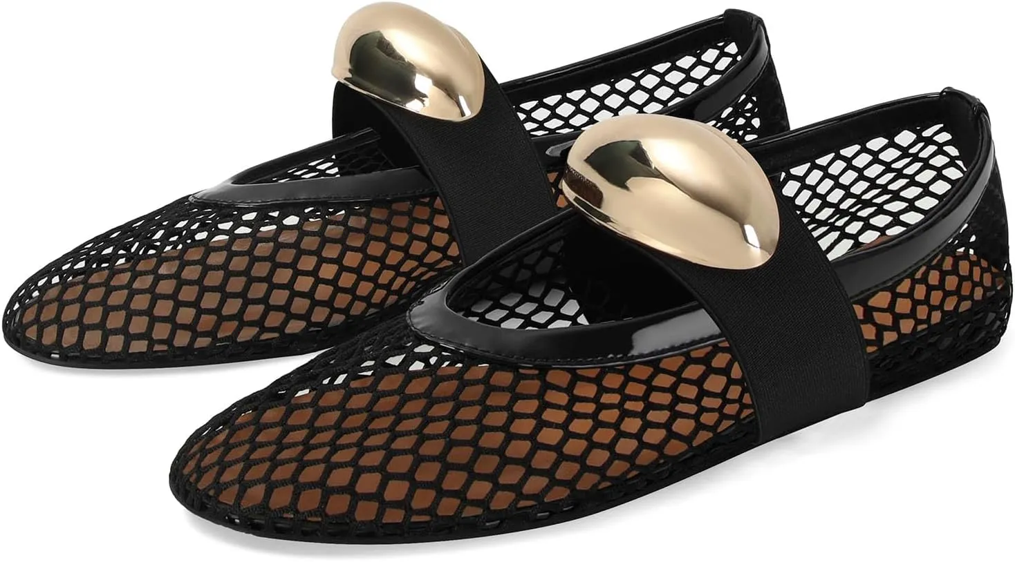 MICIFA Women's Mesh Ballet Flats Fishnet Ballerina Flats Buckle Strap Mary Jane Flats Causal Daily Dress Shoes
