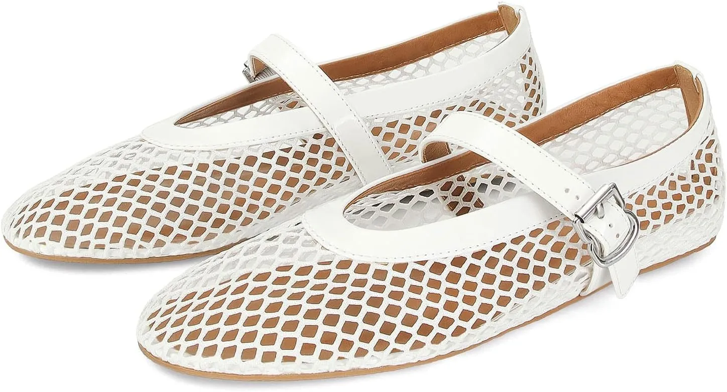 MICIFA Women's Mesh Ballet Flats Fishnet Ballerina Flats Buckle Strap Mary Jane Flats Causal Daily Dress Shoes