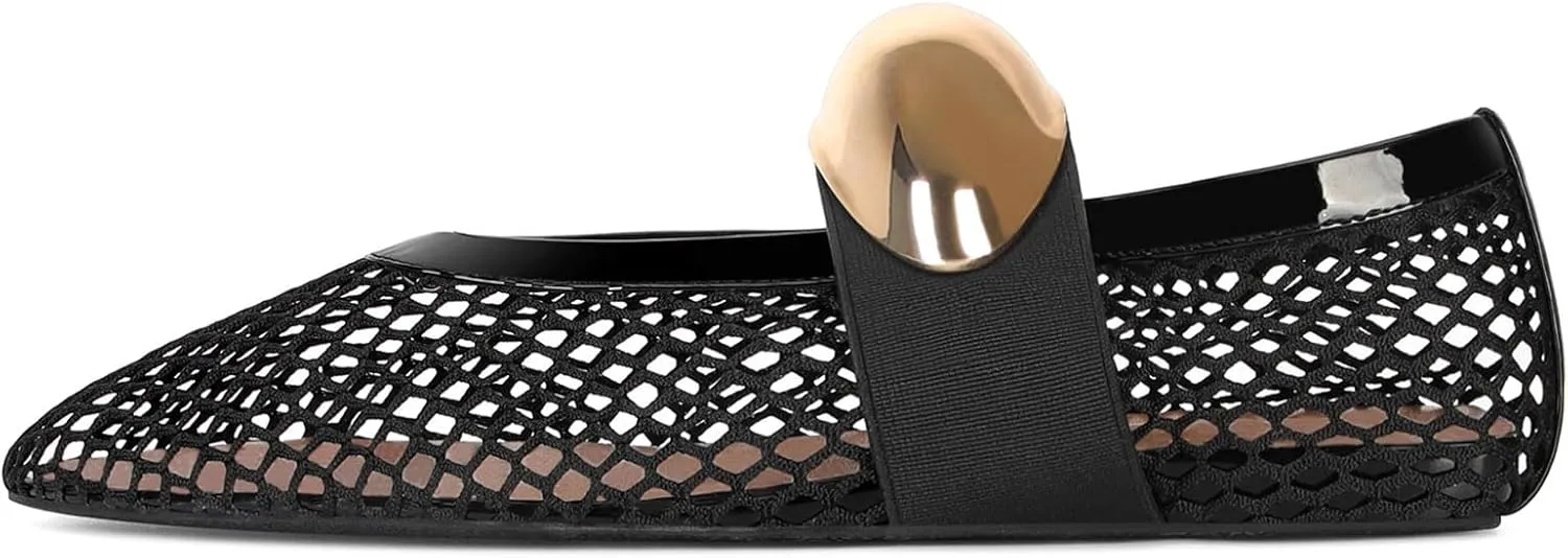 MICIFA Women's Mesh Ballet Flats Fishnet Ballerina Flats Buckle Strap Mary Jane Flats Causal Daily Dress Shoes