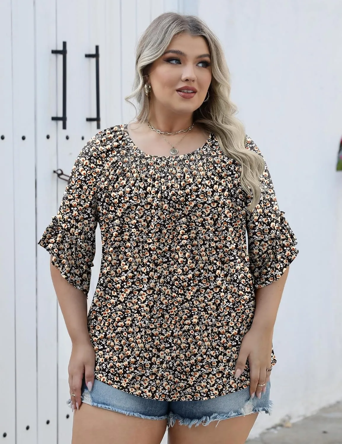 Micoson Womens Plus Size Tops 3/4 Ruffle Sleeve Shirts Crewneck Pleated Blouses Dressy Casual Fashion Tunic Top (1X-5X)