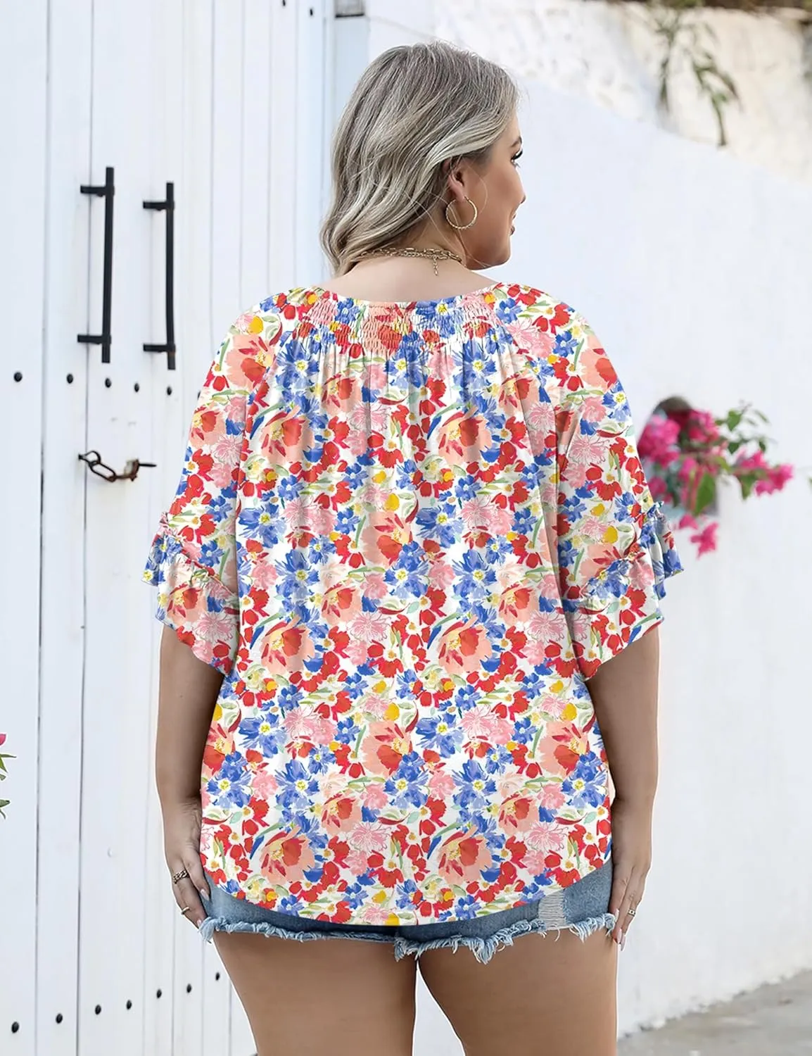 Micoson Womens Plus Size Tops 3/4 Ruffle Sleeve Shirts Crewneck Pleated Blouses Dressy Casual Fashion Tunic Top (1X-5X)