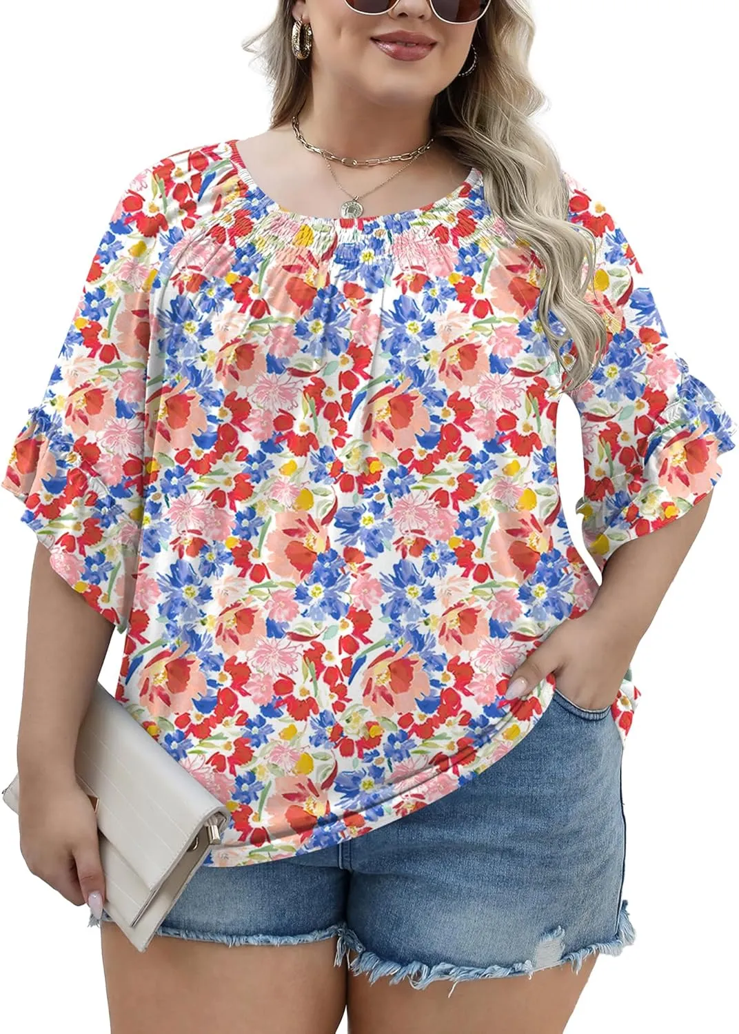 Micoson Womens Plus Size Tops 3/4 Ruffle Sleeve Shirts Crewneck Pleated Blouses Dressy Casual Fashion Tunic Top (1X-5X)