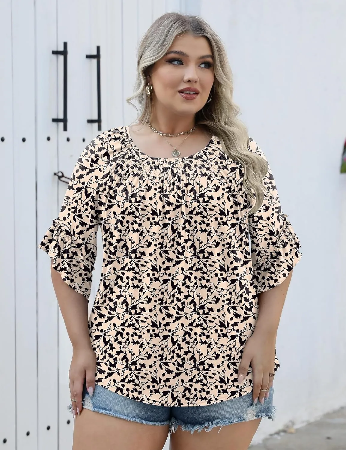 Micoson Womens Plus Size Tops 3/4 Ruffle Sleeve Shirts Crewneck Pleated Blouses Dressy Casual Fashion Tunic Top (1X-5X)