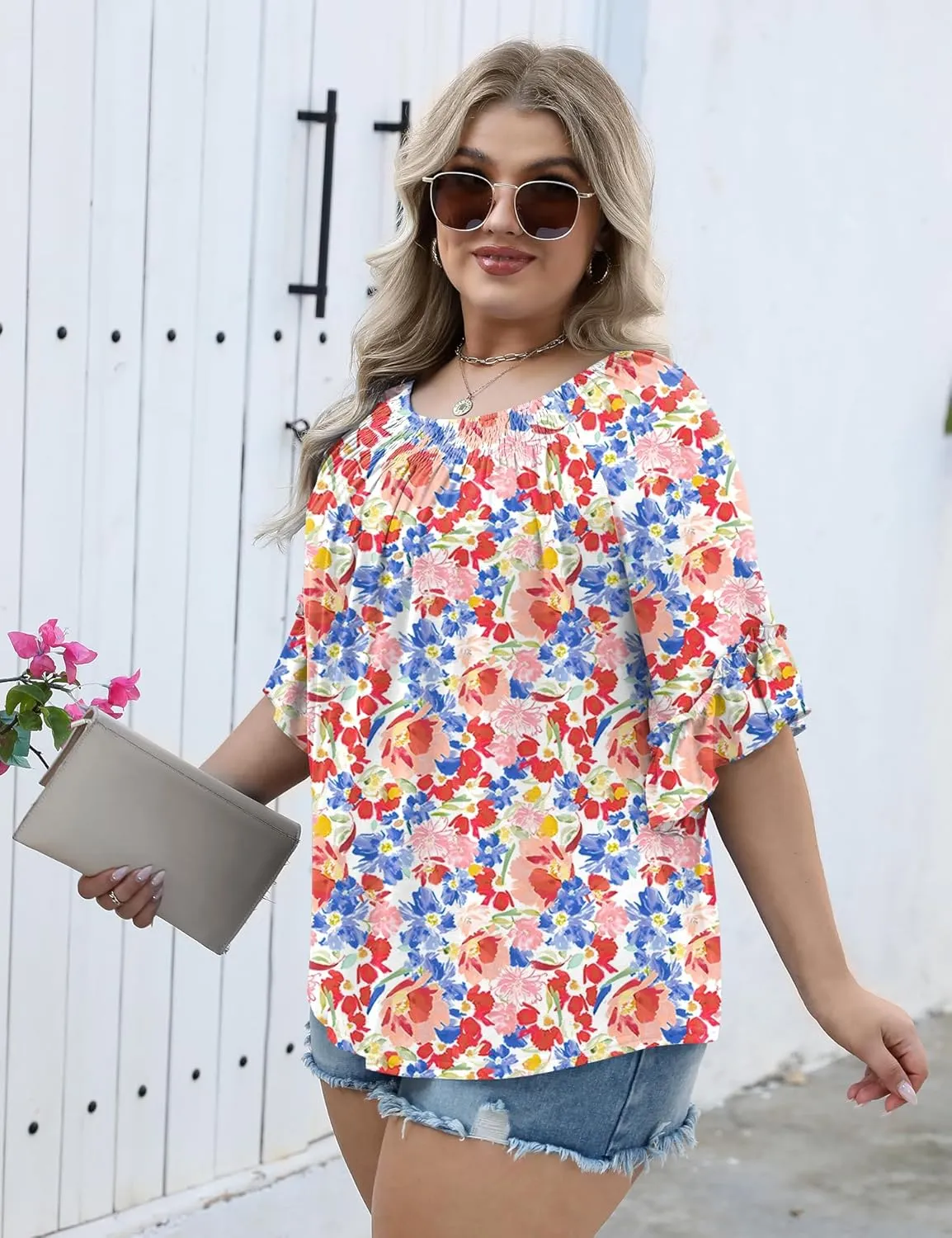 Micoson Womens Plus Size Tops 3/4 Ruffle Sleeve Shirts Crewneck Pleated Blouses Dressy Casual Fashion Tunic Top (1X-5X)