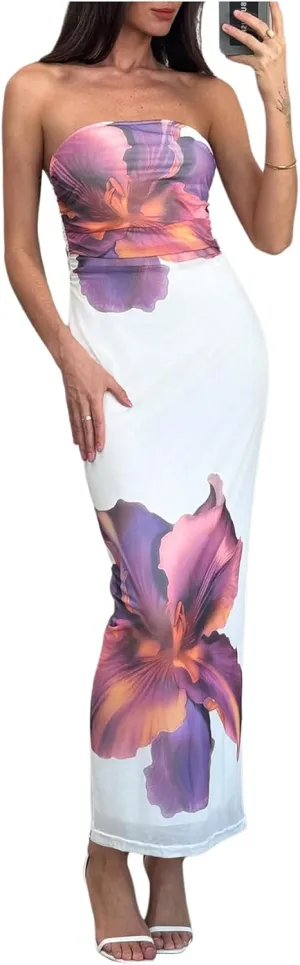 Milumia Women's Floral Strapless Bodycon Maxi Dress Summer Tube Top Dresses
