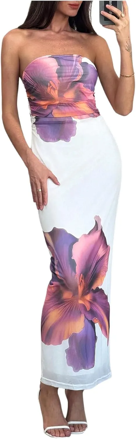 Milumia Women's Floral Strapless Bodycon Maxi Dress Summer Tube Top Dresses