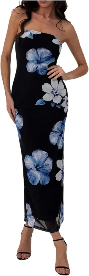 Milumia Women's Floral Strapless Bodycon Maxi Dress Summer Tube Top Dresses