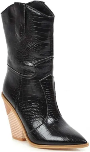 MIOKE Women's Western Cowboy Chelsea Ankle Boots Pointed Toe Pull On Chunky Stacked High Heel Riding Booties