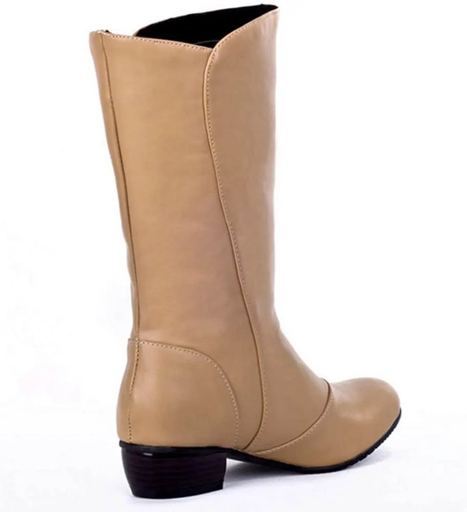 MIOKE Women's Winter Cowboy Mid Calf Boots Round Toe Slip-On Wide Width Comfy Stacked Low Heel Western Boots