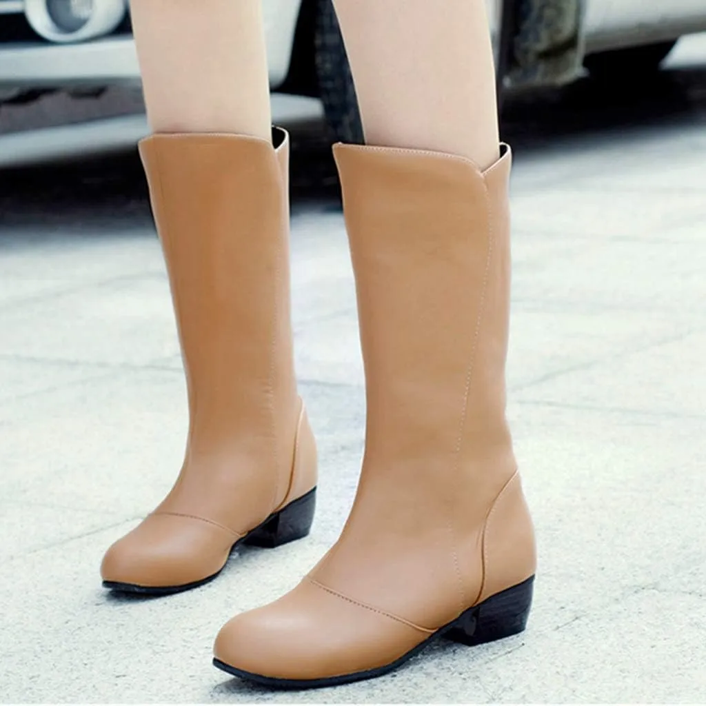 MIOKE Women's Winter Cowboy Mid Calf Boots Round Toe Slip-On Wide Width Comfy Stacked Low Heel Western Boots