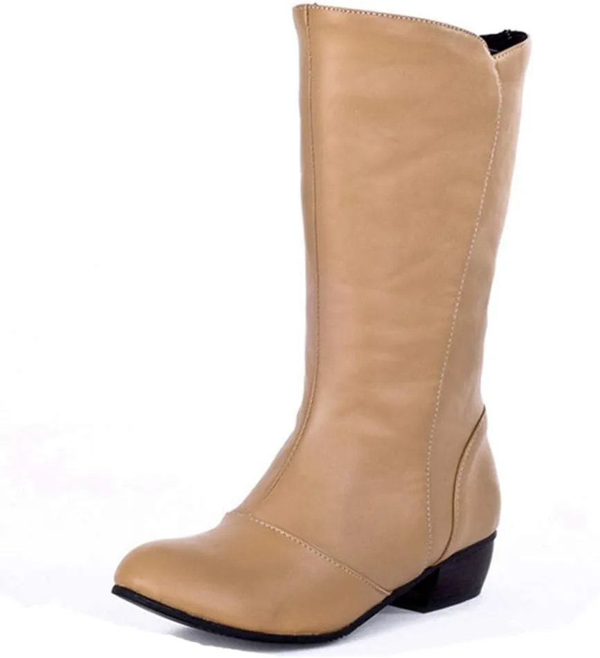 MIOKE Women's Winter Cowboy Mid Calf Boots Round Toe Slip-On Wide Width Comfy Stacked Low Heel Western Boots