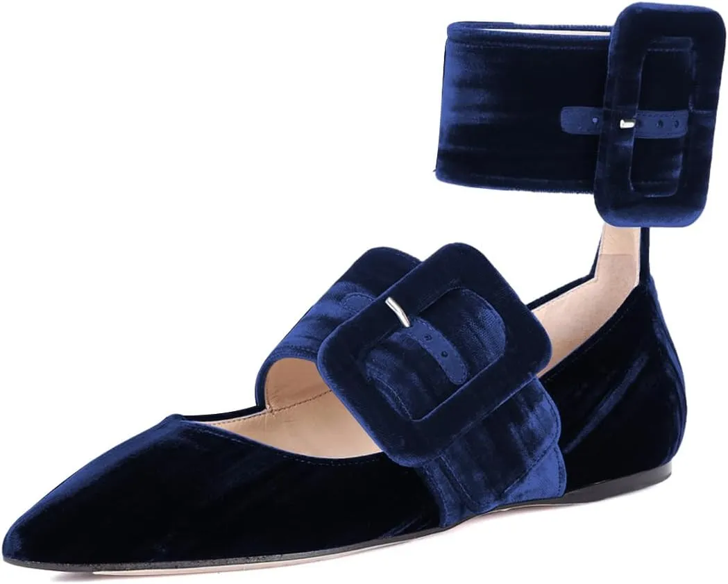 miss left Women Comfy Closed Pointy Toe Mary Jane Flats Ankle Strap Buckled Soft Velvet Adorable Ballroom Dance School Shoes Size 4-16 US