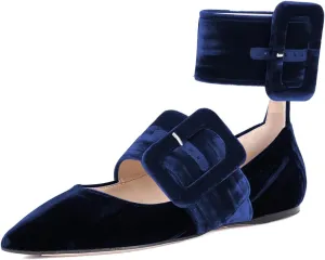 miss left Women Comfy Closed Pointy Toe Mary Jane Flats Ankle Strap Buckled Soft Velvet Adorable Ballroom Dance School Shoes Size 4-16 US