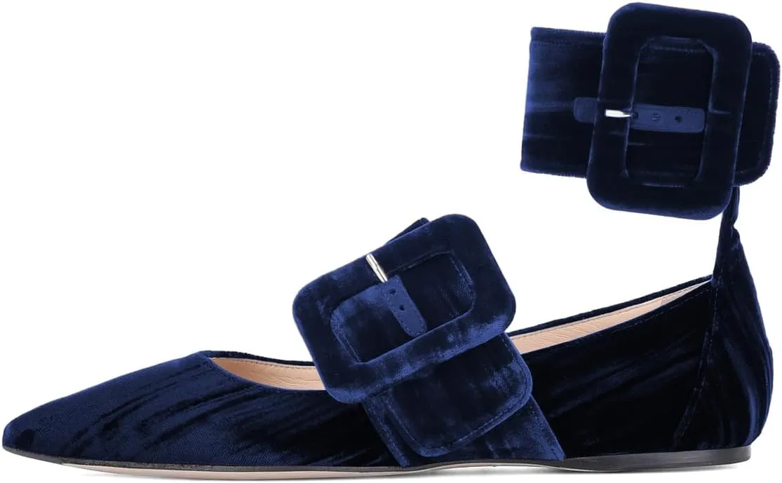 miss left Women Comfy Closed Pointy Toe Mary Jane Flats Ankle Strap Buckled Soft Velvet Adorable Ballroom Dance School Shoes Size 4-16 US