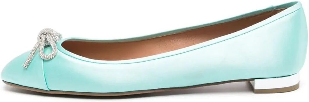 miss left Women Rhinestone Bows Ballet Flats Closed Rounded Toe Slip On Low Thick Heels Comfy Dance Walking Satin Shoes Size 4-16 US