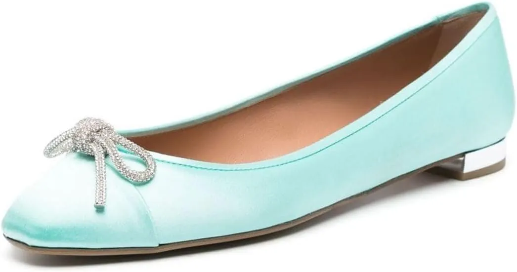 miss left Women Rhinestone Bows Ballet Flats Closed Rounded Toe Slip On Low Thick Heels Comfy Dance Walking Satin Shoes Size 4-16 US