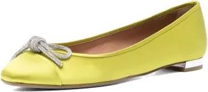 miss left Women Rhinestone Bows Ballet Flats Closed Rounded Toe Slip On Low Thick Heels Comfy Dance Walking Satin Shoes Size 4-16 US