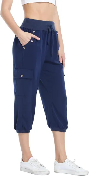 MISS MOLY Women's Cargo Capris Travel Pants Button Decor Summer Loose Harem Sweatpants Stylish Soft with Pockets