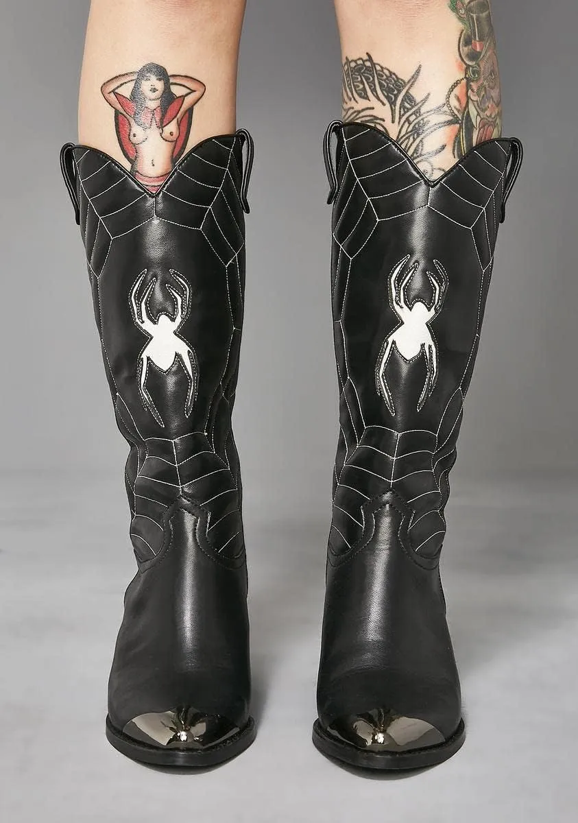MissHeel Mid Calf Cowgirl Boots Embroidered Block Chunky Heel in Pink Silver