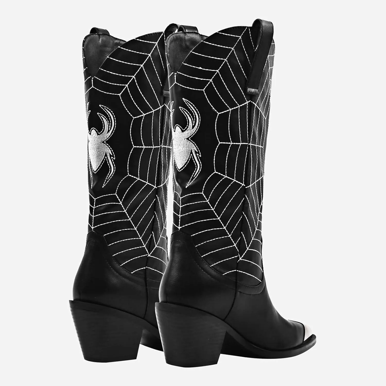 MissHeel Mid Calf Cowgirl Boots Embroidered Block Chunky Heel in Pink Silver