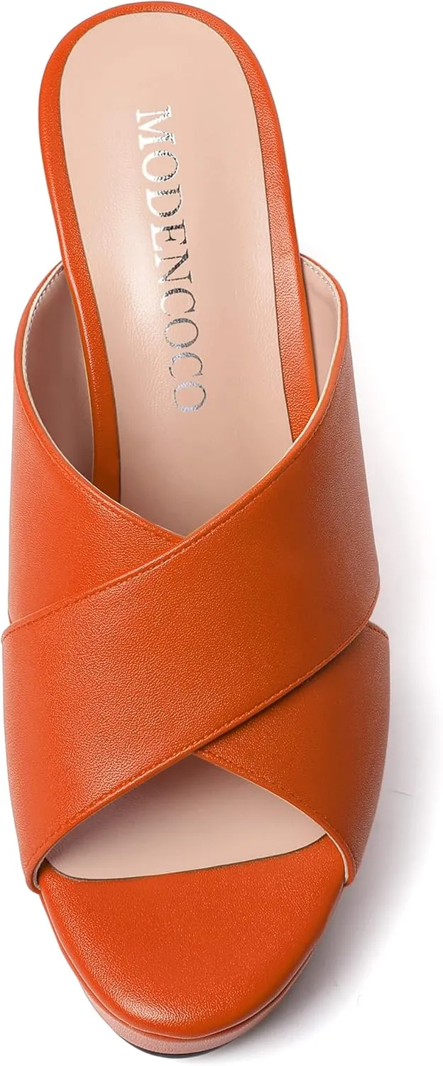 MODENCOCO Womens Open Toe Fashion Matte Slip On Platform Casual Wedge High Heel Heeled Dressy Sandals 4 Inch