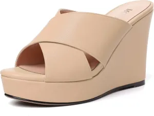 MODENCOCO Womens Open Toe Fashion Matte Slip On Platform Casual Wedge High Heel Heeled Dressy Sandals 4 Inch