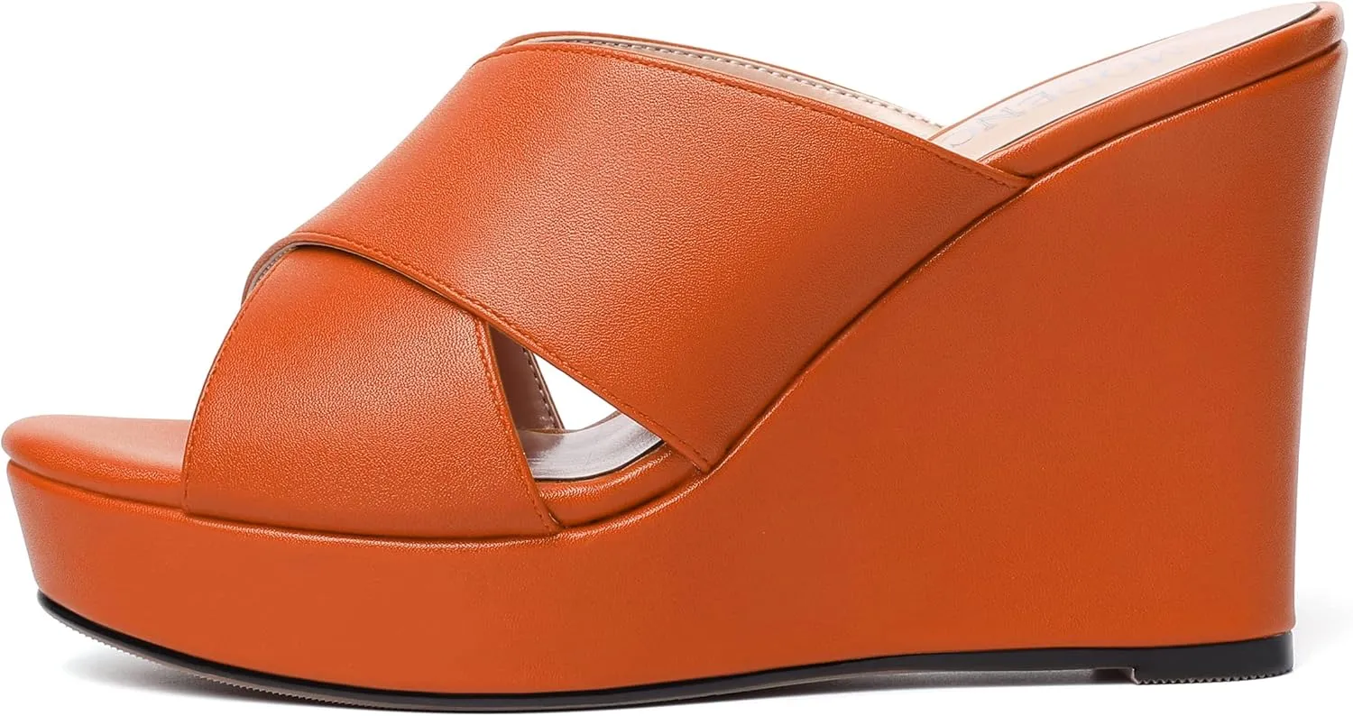 MODENCOCO Womens Open Toe Fashion Matte Slip On Platform Casual Wedge High Heel Heeled Dressy Sandals 4 Inch