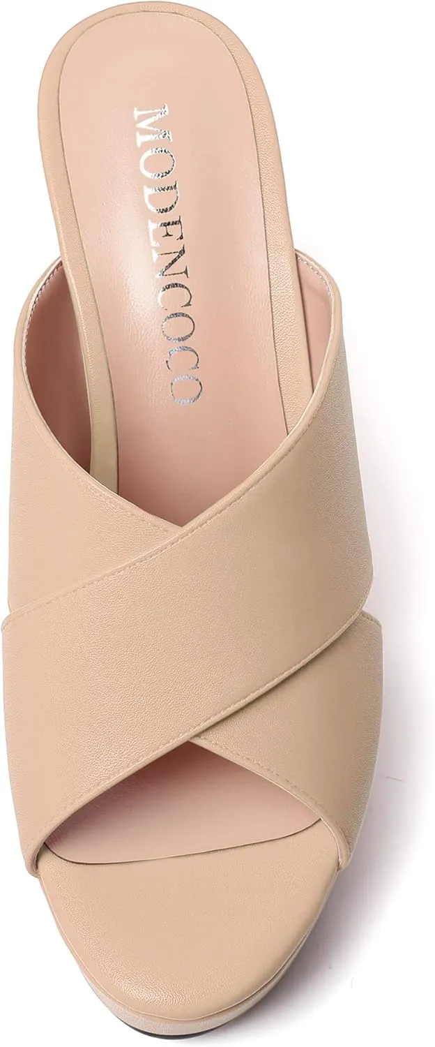 MODENCOCO Womens Open Toe Fashion Matte Slip On Platform Casual Wedge High Heel Heeled Dressy Sandals 4 Inch