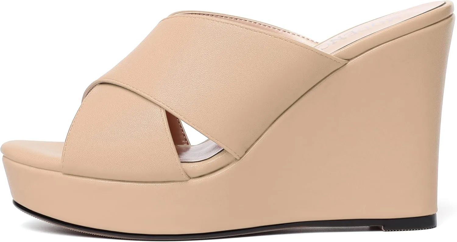 MODENCOCO Womens Open Toe Fashion Matte Slip On Platform Casual Wedge High Heel Heeled Dressy Sandals 4 Inch