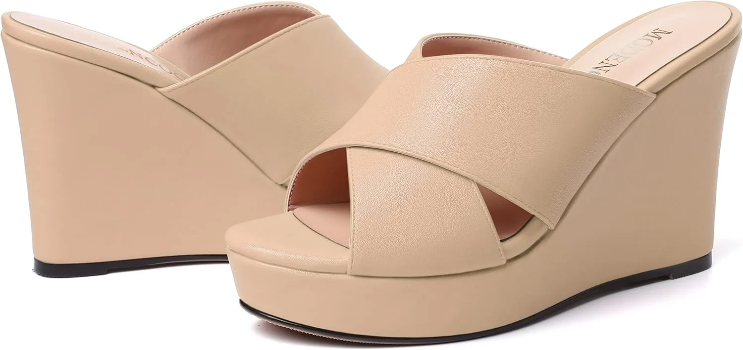 MODENCOCO Womens Open Toe Fashion Matte Slip On Platform Casual Wedge High Heel Heeled Dressy Sandals 4 Inch