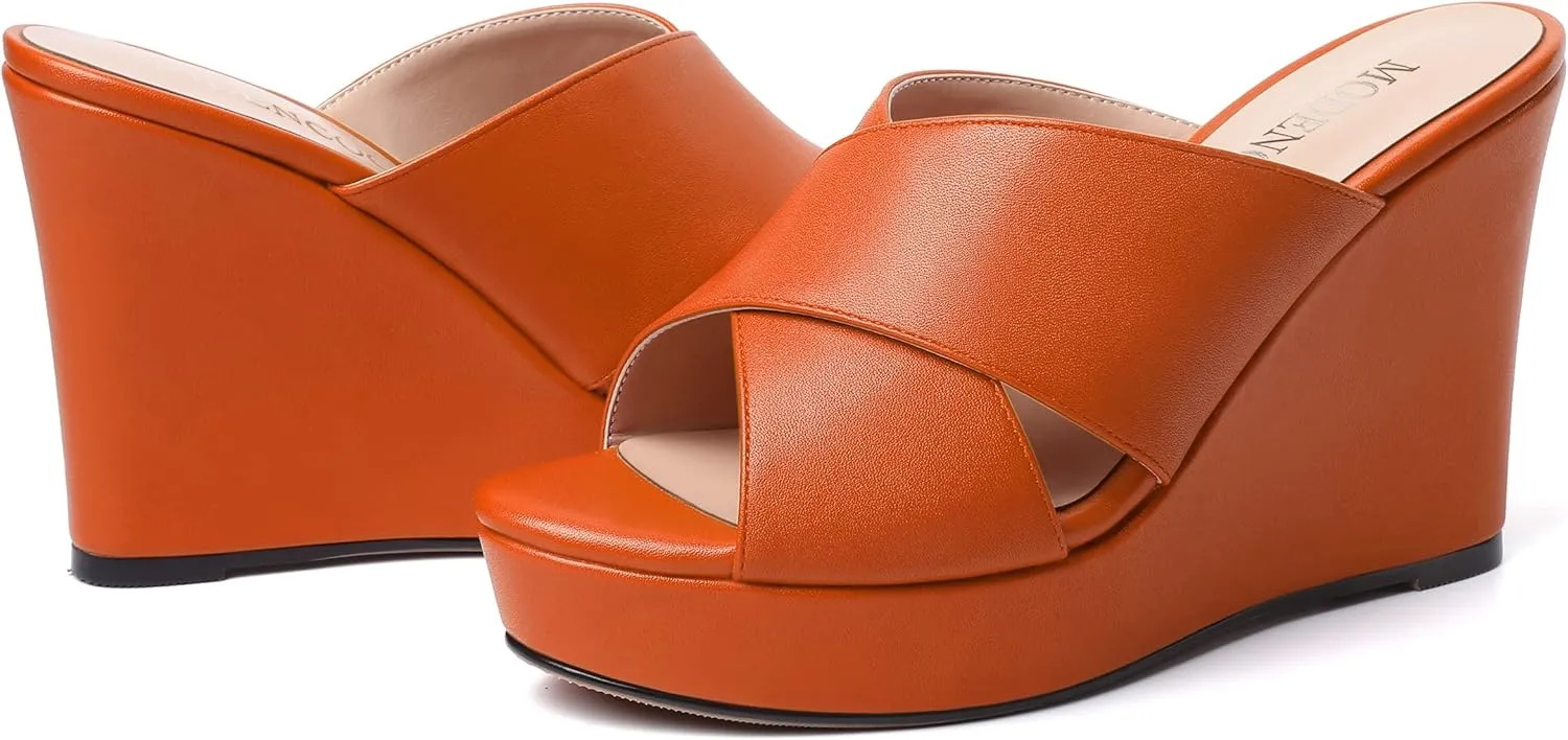 MODENCOCO Womens Open Toe Fashion Matte Slip On Platform Casual Wedge High Heel Heeled Dressy Sandals 4 Inch