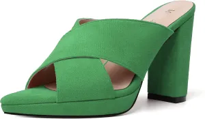 MODENCOCO Womens Sexy Evening Open Toe Slip On Platform Slide Suede Block High Heel Heeled Sandals 4 Inch
