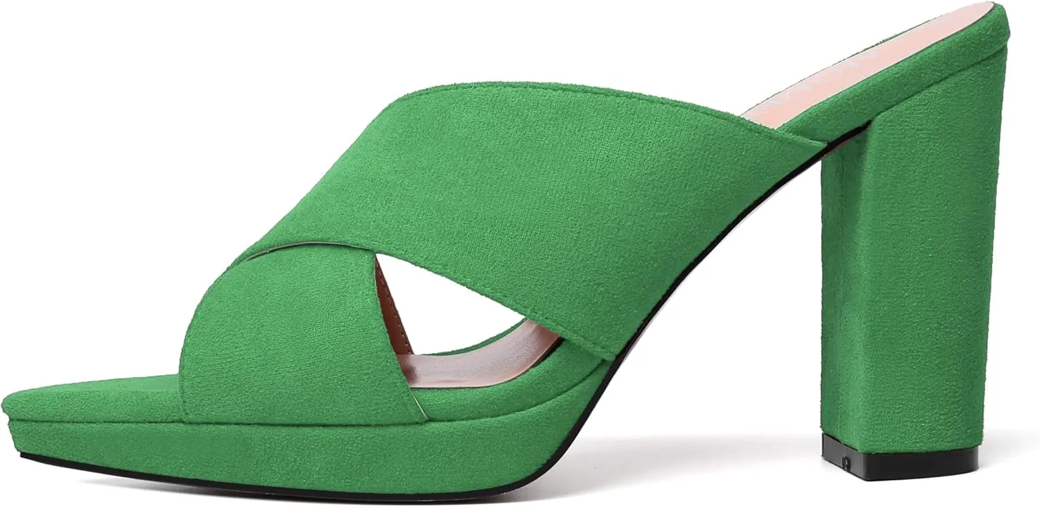 MODENCOCO Womens Sexy Evening Open Toe Slip On Platform Slide Suede Block High Heel Heeled Sandals 4 Inch