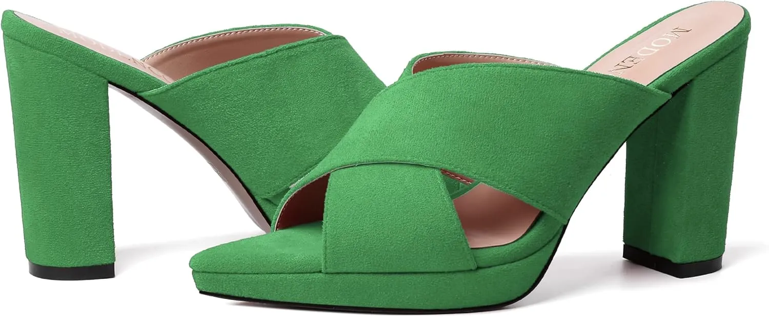 MODENCOCO Womens Sexy Evening Open Toe Slip On Platform Slide Suede Block High Heel Heeled Sandals 4 Inch