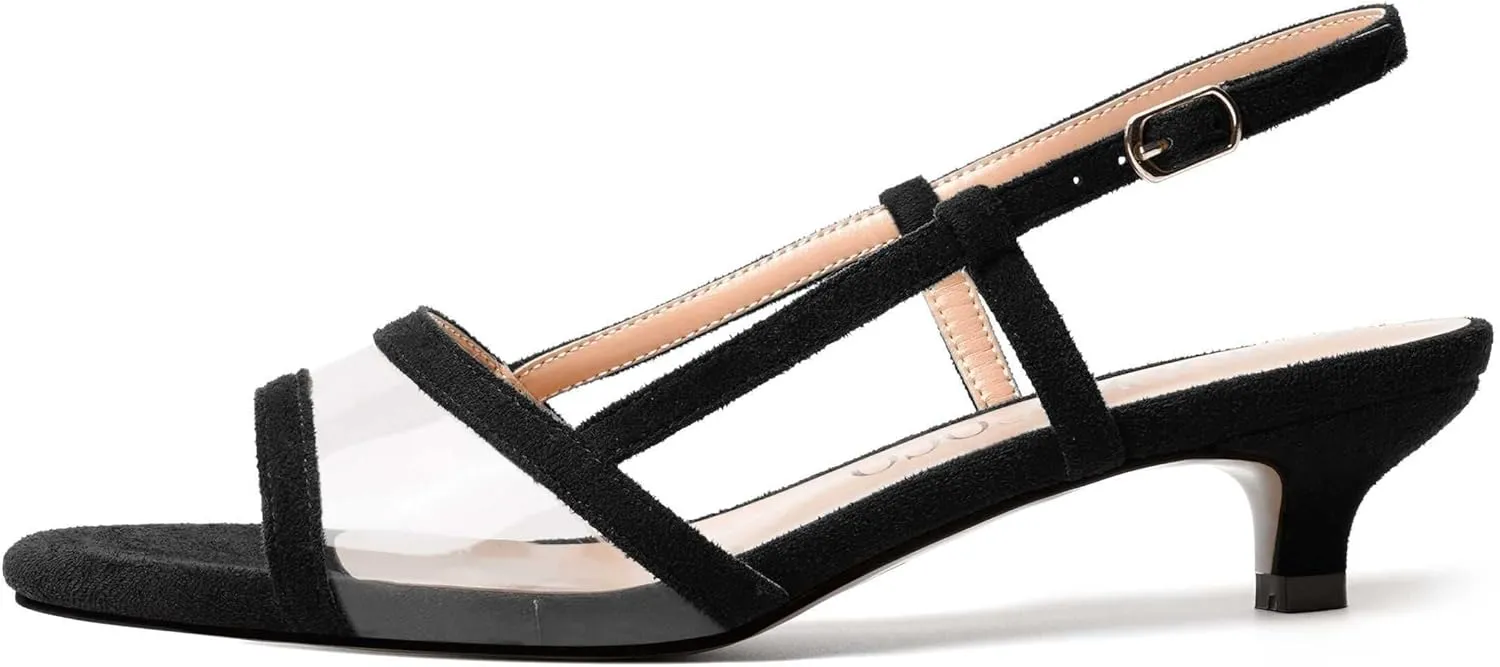 MODENCOCO Womens Suede Dating Dress Slingback Clear Buckle Open Toe Comfortable Kitten Low Heel Heeled Sandals 1.5 Inch