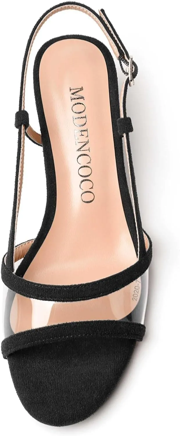 MODENCOCO Womens Suede Dating Dress Slingback Clear Buckle Open Toe Comfortable Kitten Low Heel Heeled Sandals 1.5 Inch