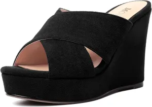 MODENCOCO Womens Suede Platform Slip On Open Toe Dressy Sexy Party Wedge High Heel Heeled Sandals 4 Inch