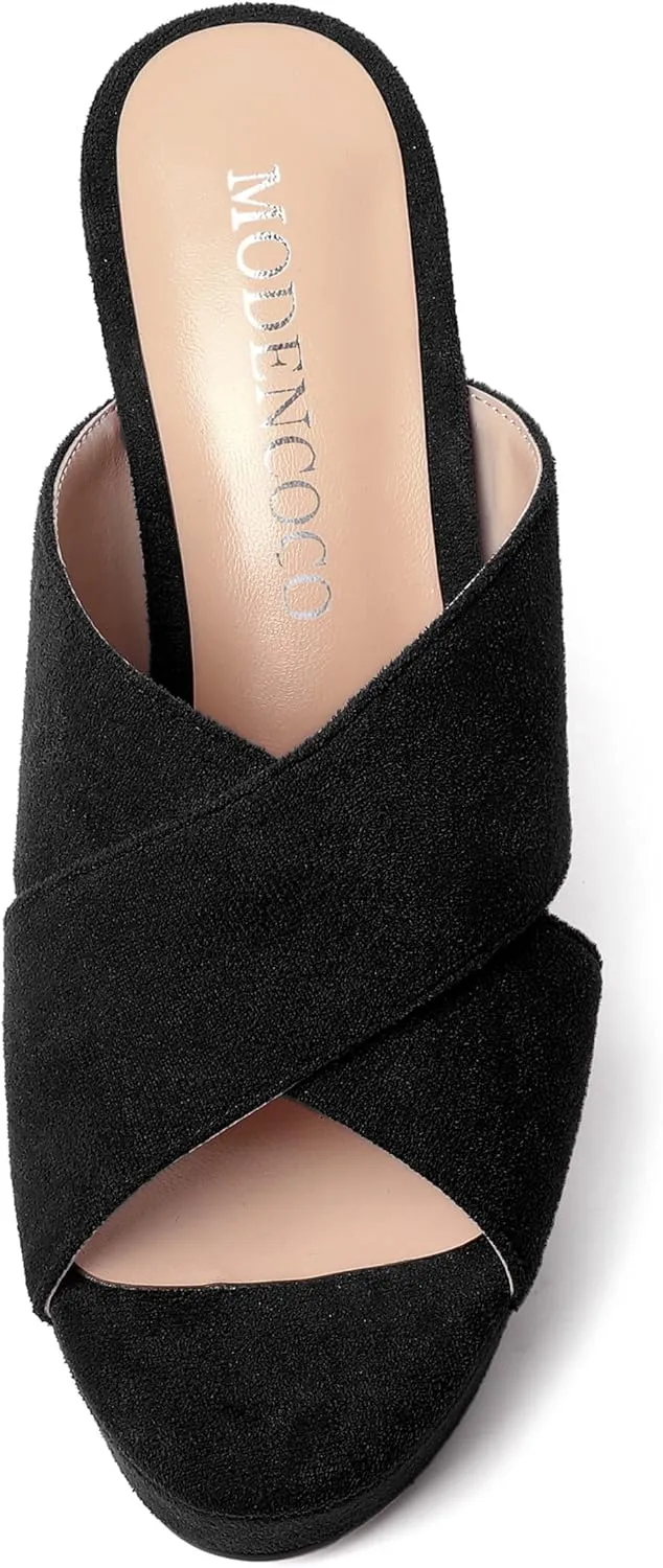 MODENCOCO Womens Suede Platform Slip On Open Toe Dressy Sexy Party Wedge High Heel Heeled Sandals 4 Inch
