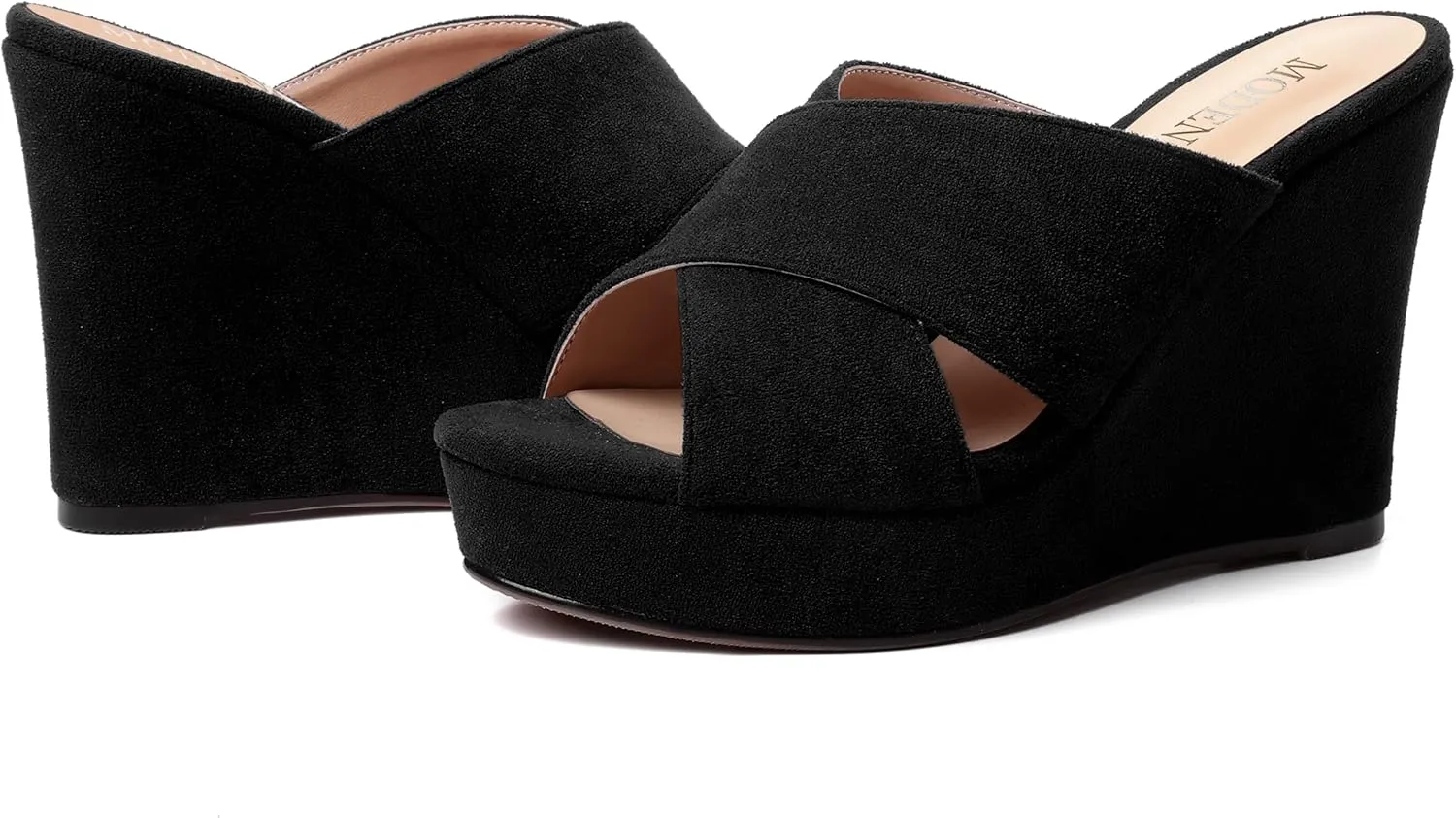 MODENCOCO Womens Suede Platform Slip On Open Toe Dressy Sexy Party Wedge High Heel Heeled Sandals 4 Inch
