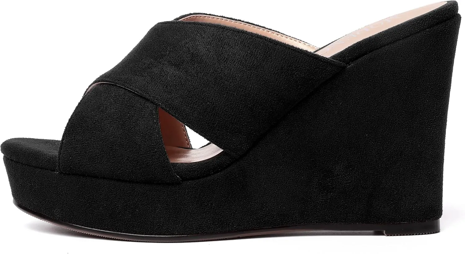MODENCOCO Womens Suede Platform Slip On Open Toe Dressy Sexy Party Wedge High Heel Heeled Sandals 4 Inch