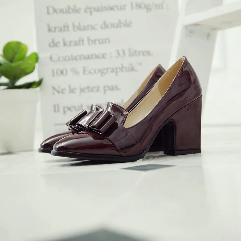 MOOMMO Women Chunky Heel Pumps Bowknot Patent Leather Loafers Round Closed Toe Sandals 3.5 Inch High Block Heel Slip On Summer Casual Office Dress Shoes Size 4-11 M US