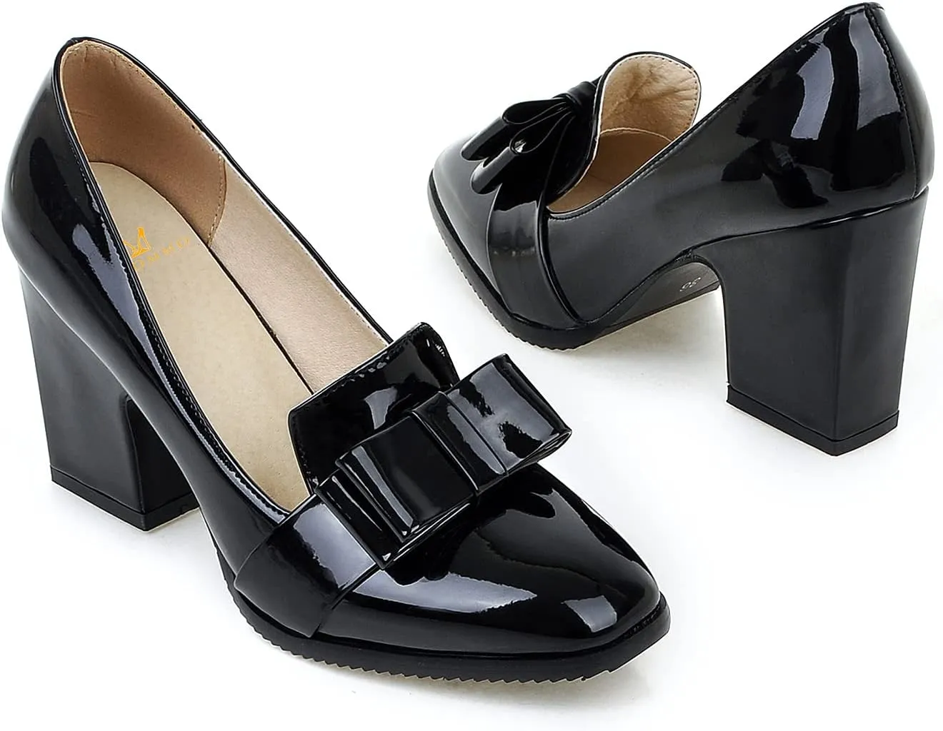 MOOMMO Women Chunky Heel Pumps Bowknot Patent Leather Loafers Round Closed Toe Sandals 3.5 Inch High Block Heel Slip On Summer Casual Office Dress Shoes Size 4-11 M US