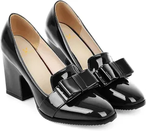 MOOMMO Women Chunky Heel Pumps Bowknot Patent Leather Loafers Round Closed Toe Sandals 3.5 Inch High Block Heel Slip On Summer Casual Office Dress Shoes Size 4-11 M US