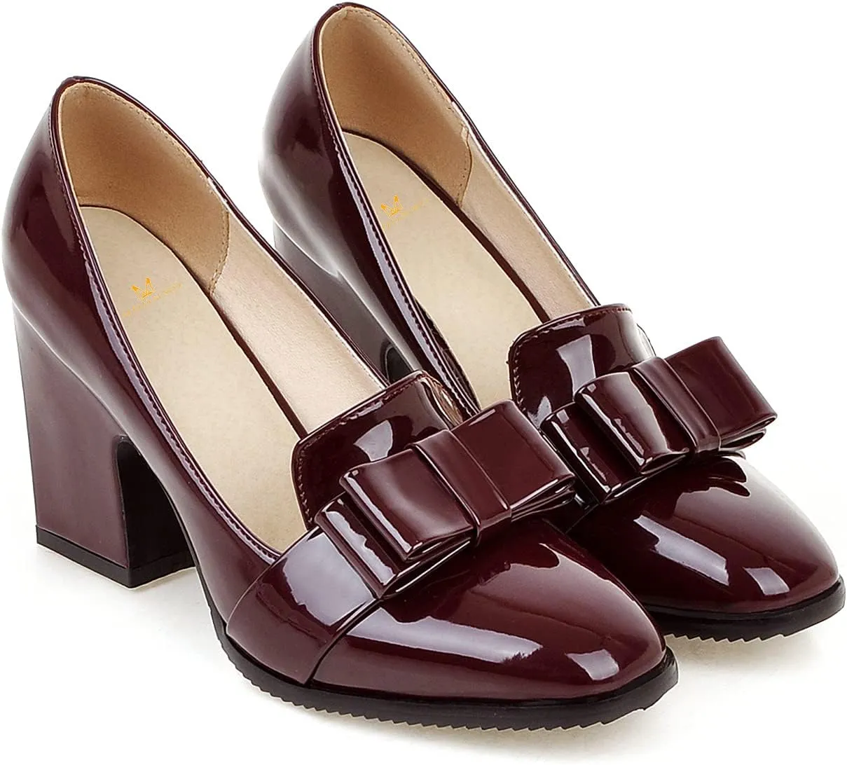MOOMMO Women Chunky Heel Pumps Bowknot Patent Leather Loafers Round Closed Toe Sandals 3.5 Inch High Block Heel Slip On Summer Casual Office Dress Shoes Size 4-11 M US