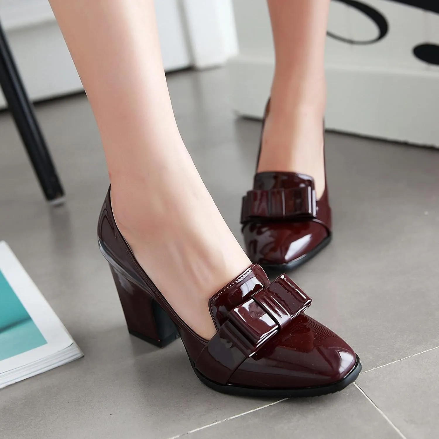 MOOMMO Women Chunky Heel Pumps Bowknot Patent Leather Loafers Round Closed Toe Sandals 3.5 Inch High Block Heel Slip On Summer Casual Office Dress Shoes Size 4-11 M US